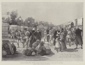 La révolte de la frontière indienne, officiers et hommes blessés et malades arrivant à Rawal Pindi du front - Melton Prior